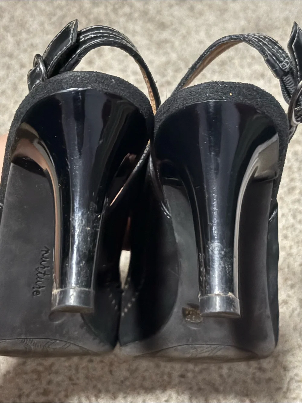 Nurture Peep Toe Slingback Heels Women 9.5M Black Laser Cut Kitten Heel‎